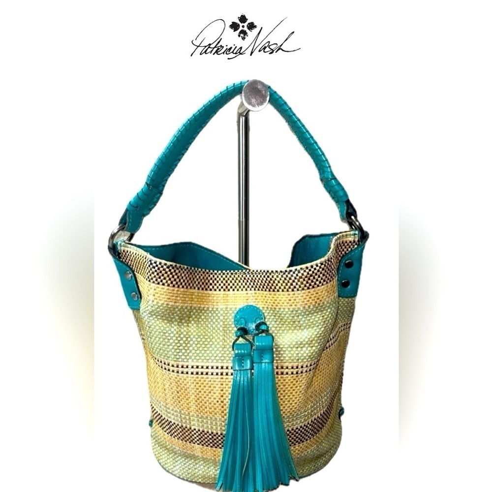 Patricia Nash Octavia Leather Blue Teal & Beige Women's Wicker Woven Tote